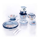 Juego de alimentación para bebés sin BPA de 11 piezas de Plasutil | Incluye taza de entrenamiento, plato calefactor con ventosa, tazón y tapa, dispensador, recipientes para refrigerios para bebés, cucharas y más (Animales - Azul)