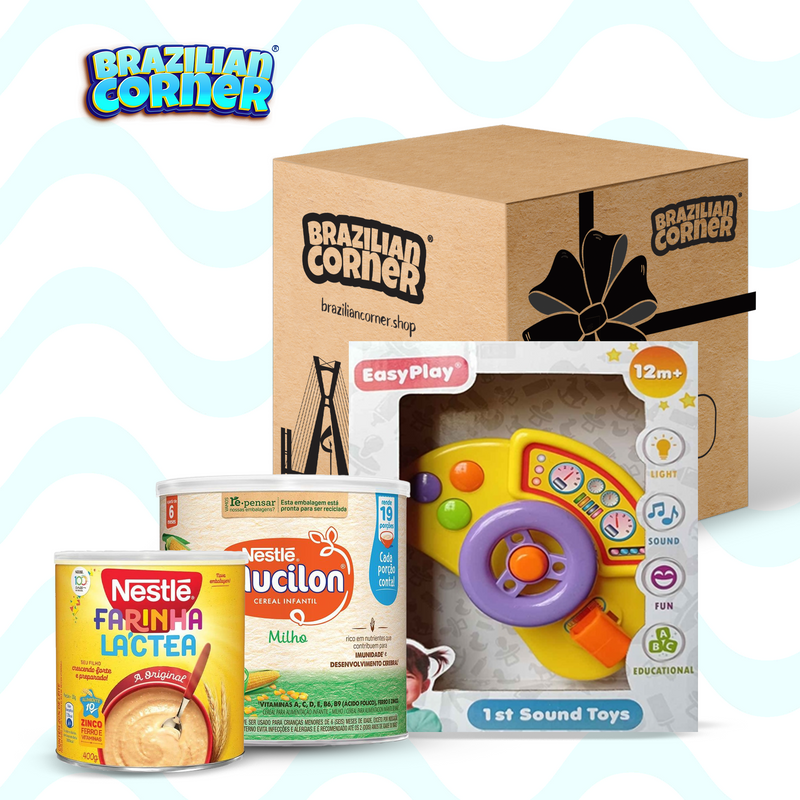 Baby Gift Box 3 Set Mucilon Cereal 14.1 oz, Farinha Lactea 12.7 oz and Light & Sound Learning Toy (CORN/WHEEL)