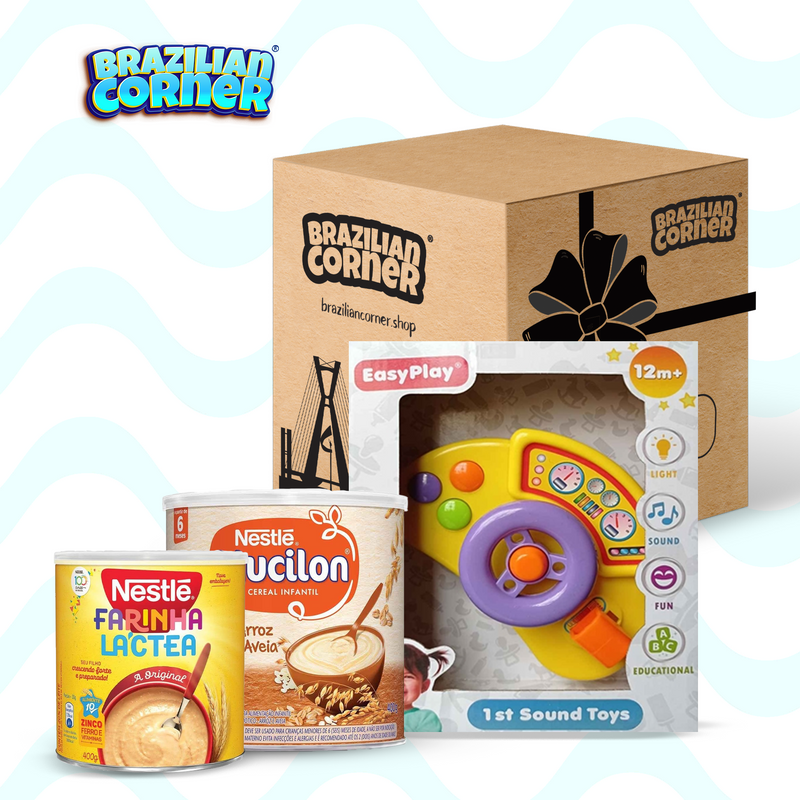 Baby Gift Box 3 Set Mucilon Cereal 14.1 oz, Farinha Lactea 12.7 oz and Light & Sound Learning Toy (RICE/WHELL)