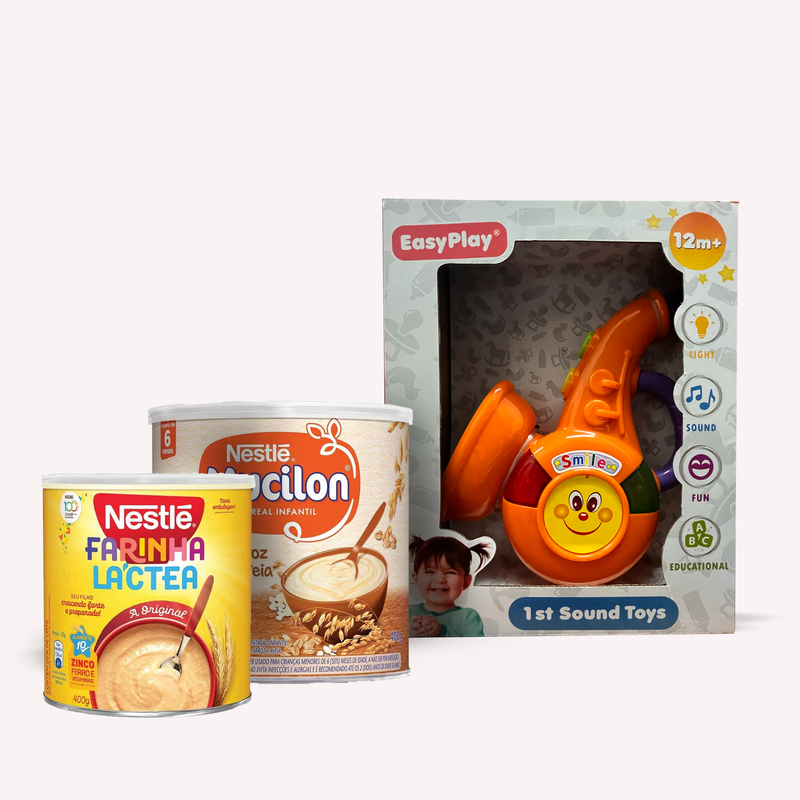 Baby Gift Box 3 Set Mucilon Cereal 14.1 oz, Farinha Lactea 12.7 oz and Light & Sound Learning Toy (RICE/SAX)