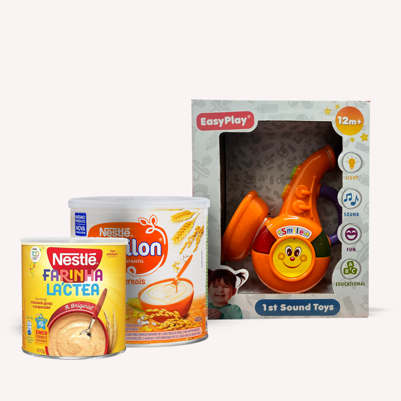 Baby Gift Box 3 Set Mucilon Cereal 14.1 oz, Farinha Lactea 12.7 oz and Light & Sound Learning Toy (MULTI/SAX)