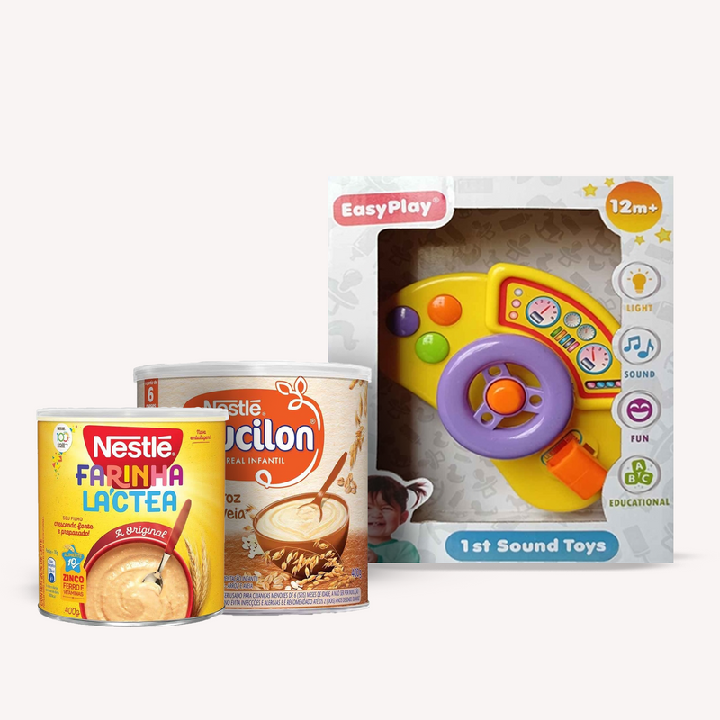 Baby Gift Box 3 Set Mucilon Cereal 14.1 oz, Farinha Lactea 12.7 oz and Light & Sound Learning Toy (RICE/WHELL)