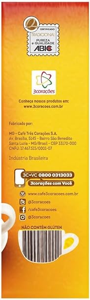 3 Coracoes Roasted and Ground Coffee Traditional, 2x 0.55 LB (2 Packs) | Finely Ground, Brazilian, Vacuum-Sealed | Free 54 fl oz Food Container With Spoon