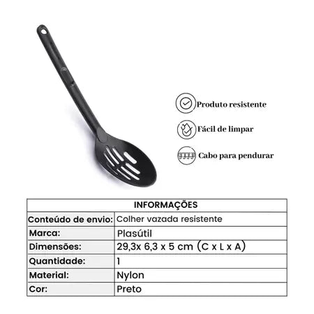 Kitchen Utensil Drain Spoon Black Plasutil (1 pack) | Utensil Plastic with Heat Resistant Ergonomic Handle | Durable BPA-Free 500