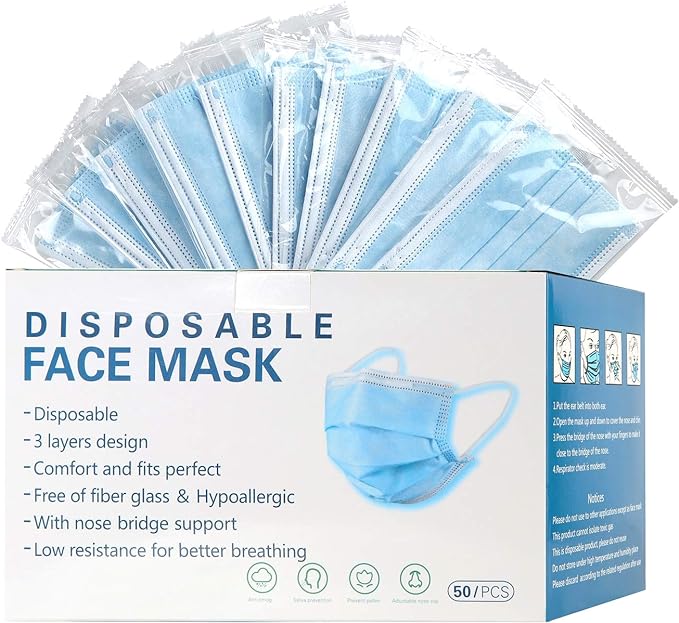 Face Mask 50 Pack Disposable, With Ear-loop, 3 Layers Filtered Mask