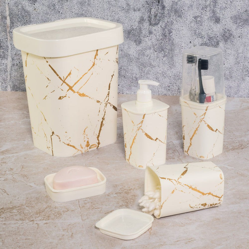 Plasutil Nordic Marble Texture Bathroom Kit | 5-Piece Ceramic Set