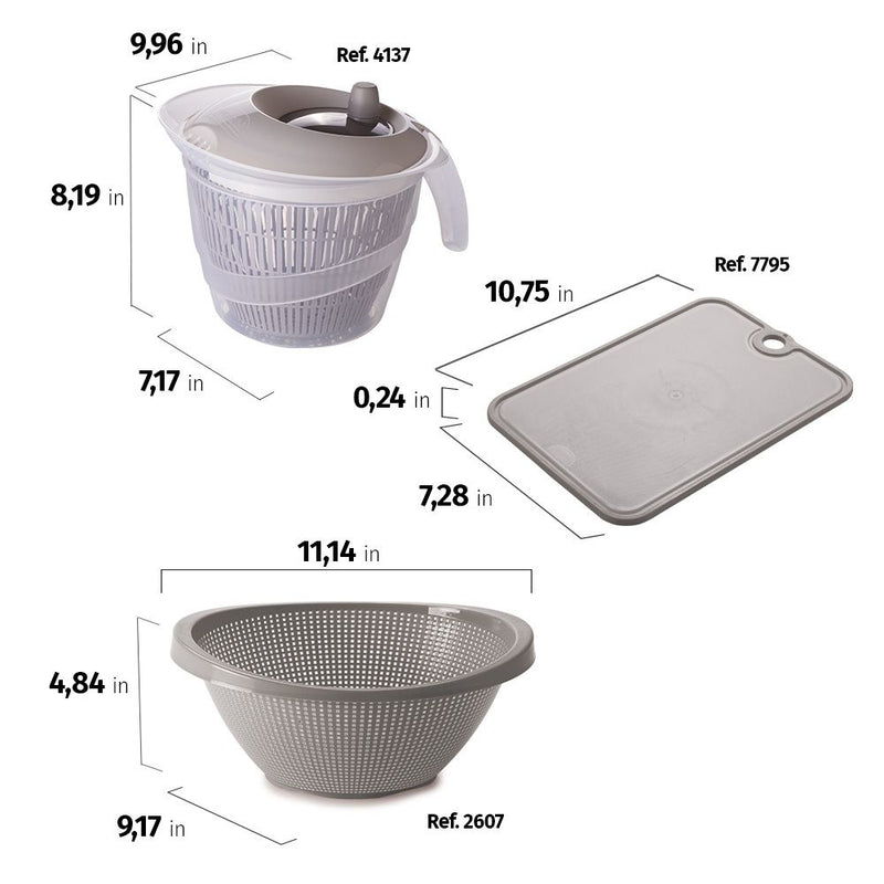 Juego de coladores de cocina Plasutil - 3 piezas | Centrifugadora de ensaladas, colador microporoso, tabla de cortar de plástico | Sin BPA