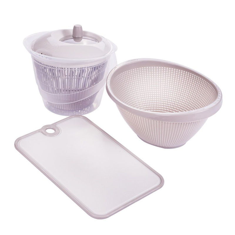 Plasutil Kitchen Colander Set - 3 pieces | Salad Spinner, Microporous Strainer, Plastic Cutting Board | BPA Free