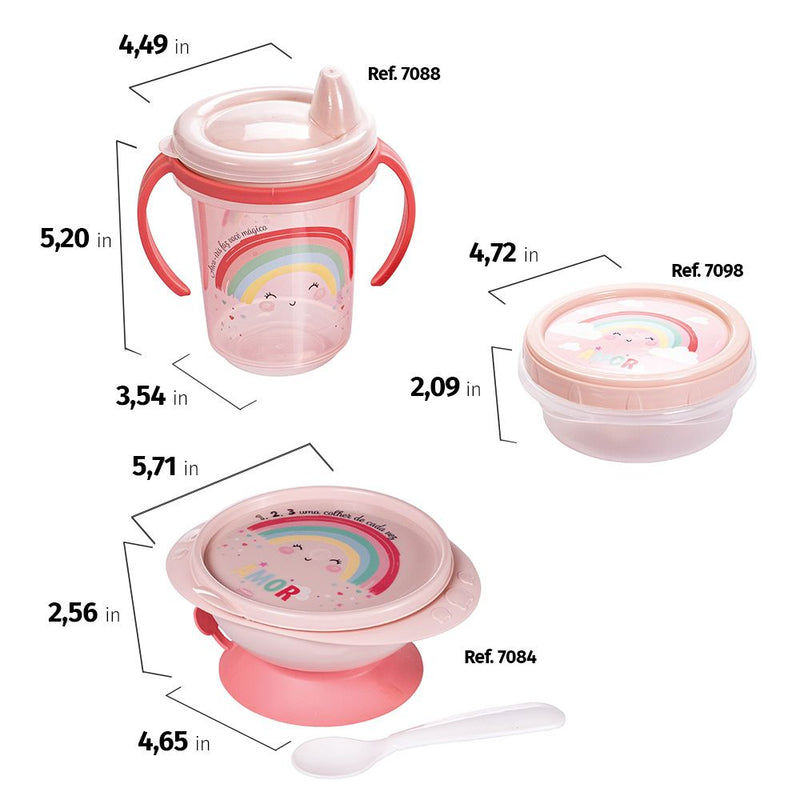 Juego de alimentación para bebés sin BPA de 11 piezas de Plasutil | Incluye taza de entrenamiento, plato calefactor con ventosa, tazón y tapa, dispensador, recipientes para refrigerios para bebés, cucharas y más (arcoíris - rosa)