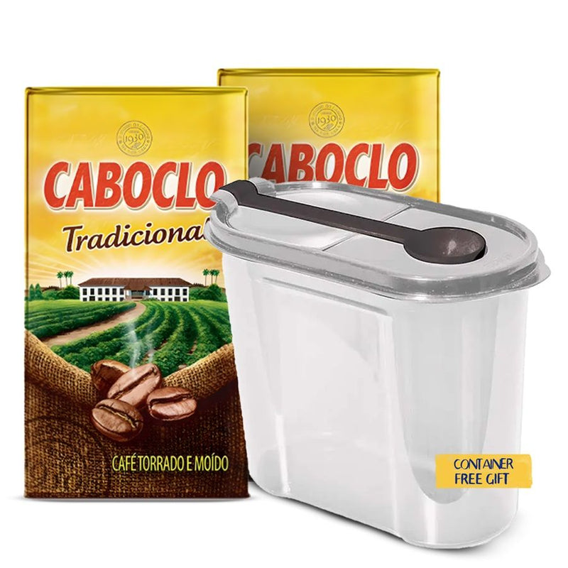 Caboclo Roasted and Ground Coffee Traditional, 2x 0.55 LB (2 Packs) | Finely Ground, Brazilian, Vacuum-Sealed | Free 54 fl oz Food Container With Spoon