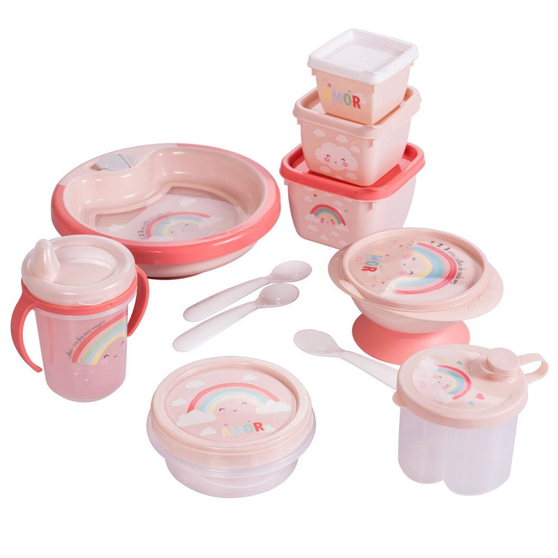 Juego de alimentación para bebés sin BPA de 11 piezas de Plasutil | Incluye taza de entrenamiento, plato calefactor con ventosa, tazón y tapa, dispensador, recipientes para refrigerios para bebés, cucharas y más (arcoíris - rosa)