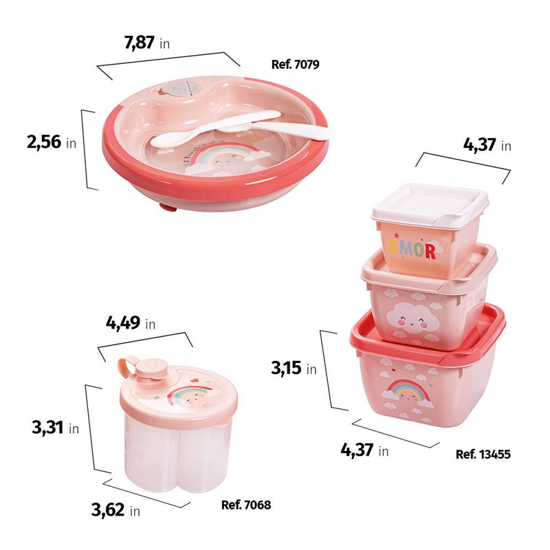 Juego de alimentación para bebés sin BPA de 11 piezas de Plasutil | Incluye taza de entrenamiento, plato calefactor con ventosa, tazón y tapa, dispensador, recipientes para refrigerios para bebés, cucharas y más (arcoíris - rosa)